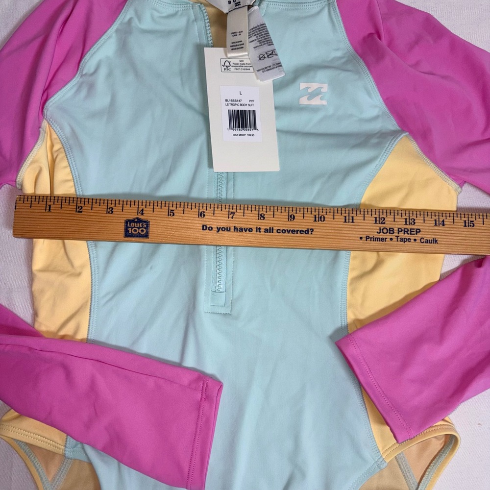 Billabong LS Tropic paddle suit Large Blue Pink Colorblock Long Sleeve Rashguard - Picture 4 of 9